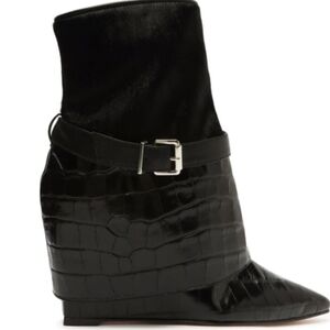 SCHUTZ Black Croc-Embossed Leather Wedge Booties